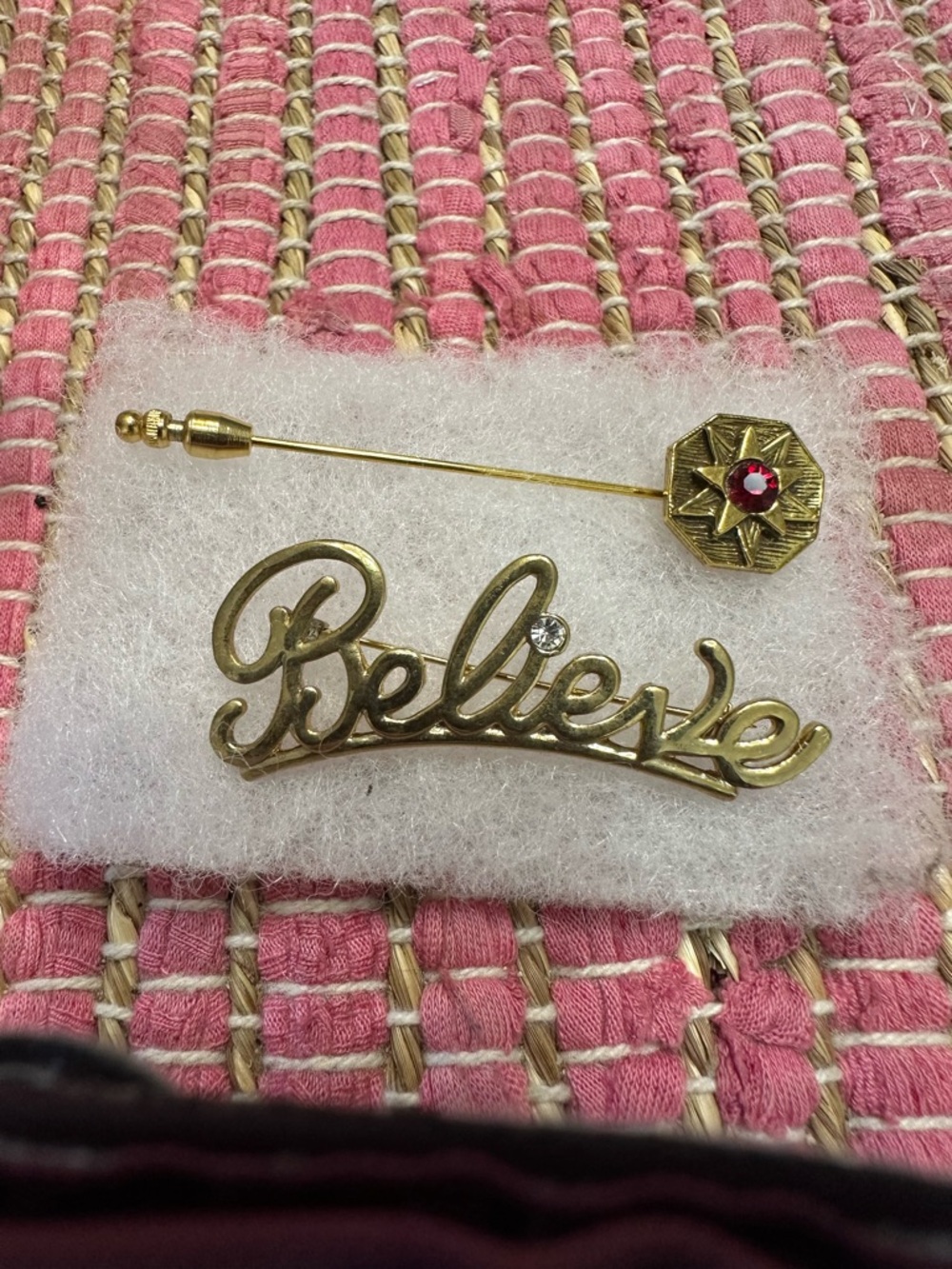 Gold 'Believe' Script Brooch with Red Accent Stick Pin